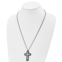 Chisel Stainless Steel Brushed and Polished Black IP -plated Edges CZ Cross Pendant on a Cable Chain Necklace, 24" view 4