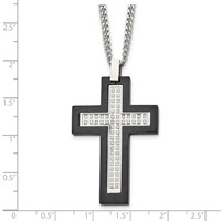 Chisel Stainless Steel Brushed and Polished Black IP -plated Edges CZ Cross Pendant on a Cable Chain Necklace, 24" view 5