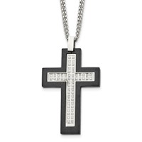 Chisel Stainless Steel Brushed and Polished Black IP -plated Edges CZ Cross Pendant on a Cable Chain Necklace, 24" view 1