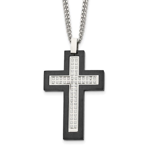 Chisel Stainless Steel Brushed and Polished Black IP -plated Edges CZ Cross Pendant on a Cable Chain Necklace, 24"