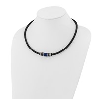 Chisel Stainless Steel Brushed and Polished Black and Blue IP-plated Black Rubber Leather Necklace, 20" view 4