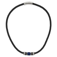 Chisel Stainless Steel Brushed and Polished Black and Blue IP-plated Black Rubber Leather Necklace, 20" view 5