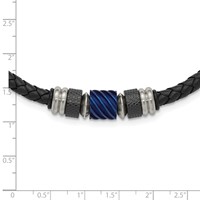Chisel Stainless Steel Brushed and Polished Black and Blue IP-plated Black Rubber Leather Necklace, 20" view 3