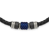 Chisel Stainless Steel Brushed and Polished Black and Blue IP-plated Black Rubber Leather Necklace, 20" view 1