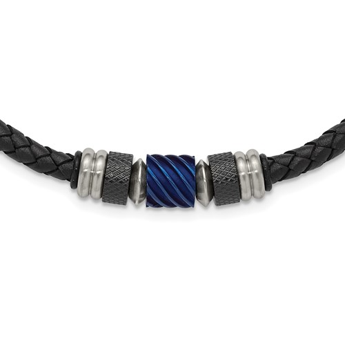 Chisel Stainless Steel Brushed and Polished Black and Blue IP-plated Black Rubber Leather Necklace, 20"