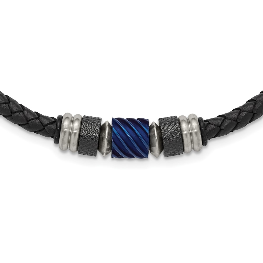 Stainless Steel Brushed/Polished Blk/Blue IP Blk Rubber Leather Neck