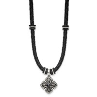 Chisel Stainless Steel Polished Black IP-plated Necklace with CZ Black Leather, 21" view 3