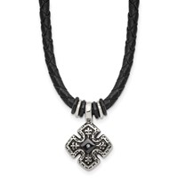 Chisel Stainless Steel Polished Black IP-plated Necklace with CZ Black Leather, 21" view 1