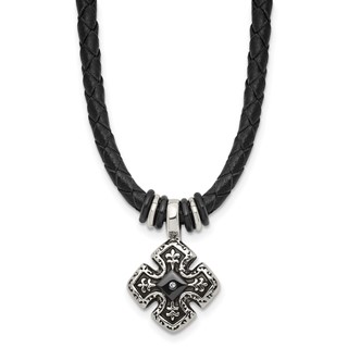 Chisel Stainless Steel Polished Black IP-plated with CZ Black Leather 21 inch Necklace