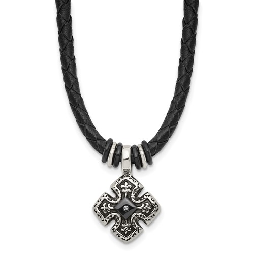 Chisel Stainless Steel Polished Black IP-plated Necklace with CZ Black Leather, 21"