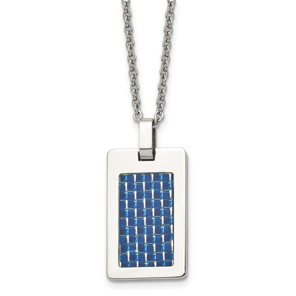 Stainless Steel Polished w/Blue Carbon Fiber Inlay Dog Tag 22in Necklace