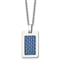 Chisel Stainless Steel Polished Necklace with Blue Carbon Fiber Inlay Rectangle Dog Tag on a Cable Chain, 22" view 1
