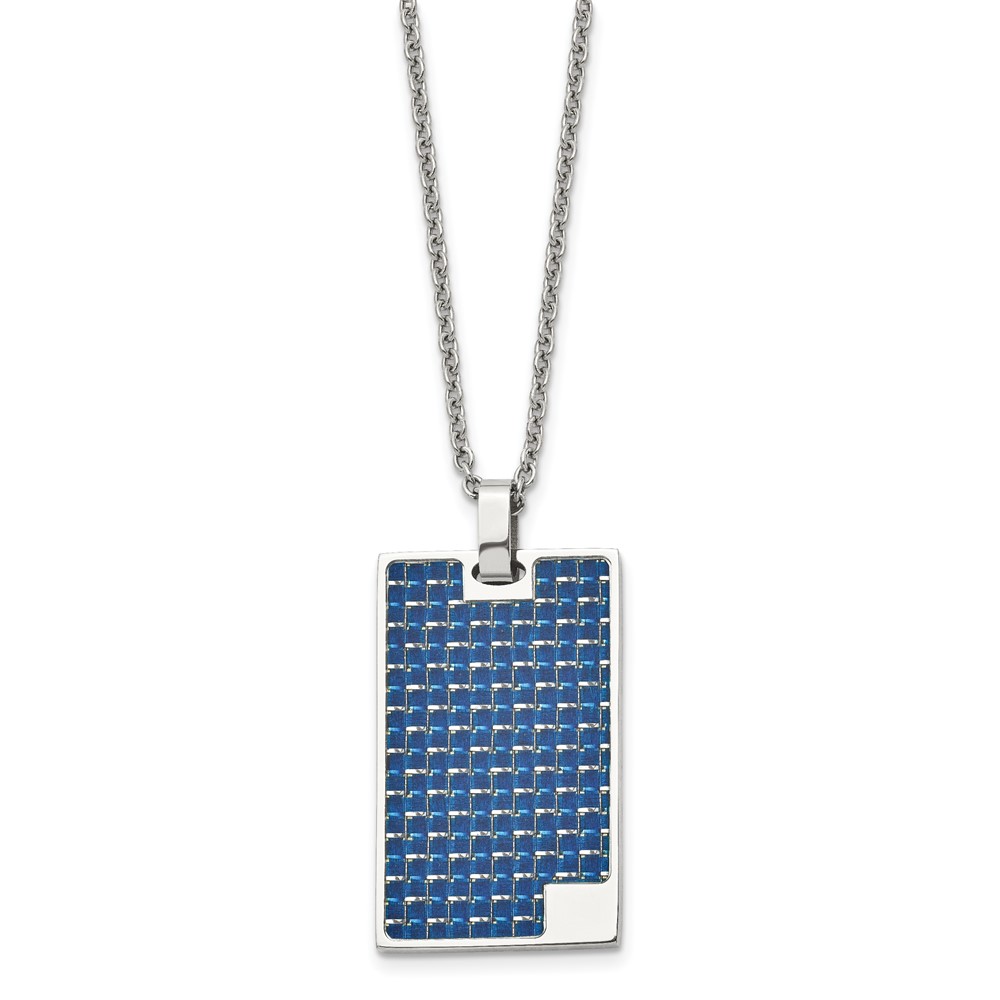 Stainless Steel Polished w/Blue Carbon Fiber Inlay Dog Tag 22in Necklace