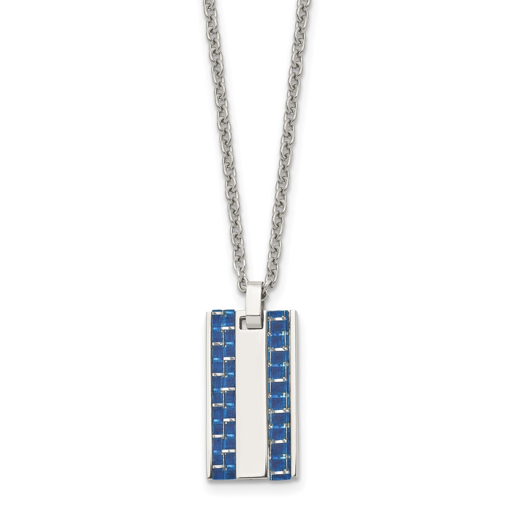 Stainless Steel Polished w/ Blue Carbon Fiber Inlay Dog Tag 22in Necklace