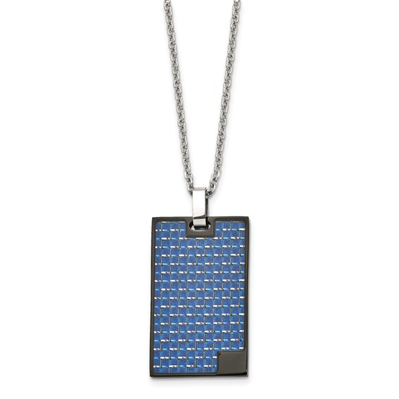 Stainless Steel BlackIP-plated w/Blue Carbon Fiber Inlay Rectangle Necklace