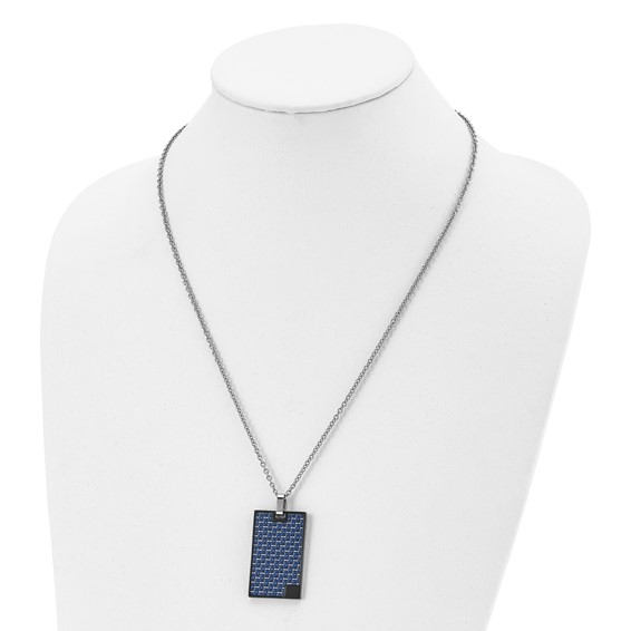 Stainless Steel BlackIP-plated w/Blue Carbon Fiber Inlay Rectangle Necklace