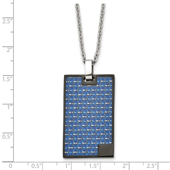 Stainless Steel BlackIP-plated w/Blue Carbon Fiber Inlay Rectangle Necklace