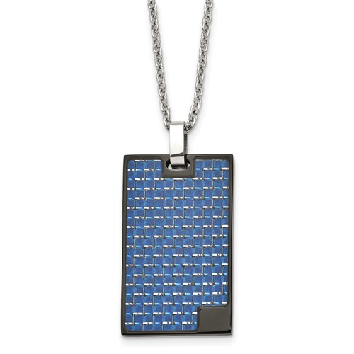 Stainless Steel BlackIP-plated Necklace with Blue Carbon Fiber Inlay Rectangle