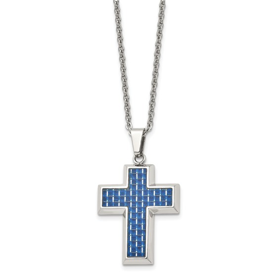 Chisel Stainless Steel Polished with Blue Carbon Fiber Inlay Cross Pendant on a 22 inch Cable Chain Necklace