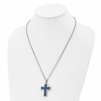 Chisel Stainless Steel Polished Necklace with Blue Carbon Fiber Inlay Cross Pendant on a Cable Chain, 22" view 4