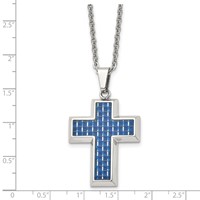 Chisel Stainless Steel Polished Necklace with Blue Carbon Fiber Inlay Cross Pendant on a Cable Chain, 22" view 5