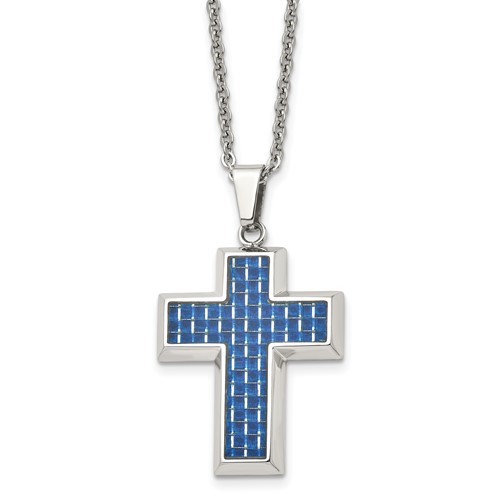 Chisel Stainless Steel Polished Necklace with Blue Carbon Fiber Inlay Cross Pendant on a Cable Chain, 22"