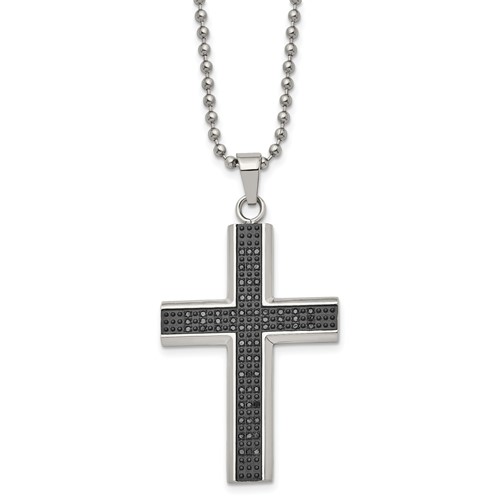 Chisel Stainless Steel Polished Necklace with Black Rhodium 0.50 Carat Black Diamond Cross Pendant on a Ball Chain, 24"