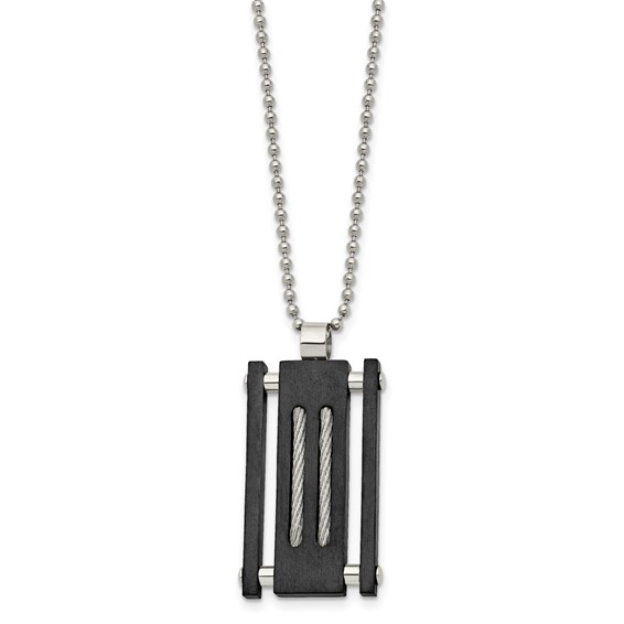 Stainless Steel Brushed & Polished Black IP w/Cable Rectangle Necklace