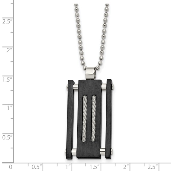 Stainless Steel Brushed & Polished Black IP w/Cable Rectangle Necklace