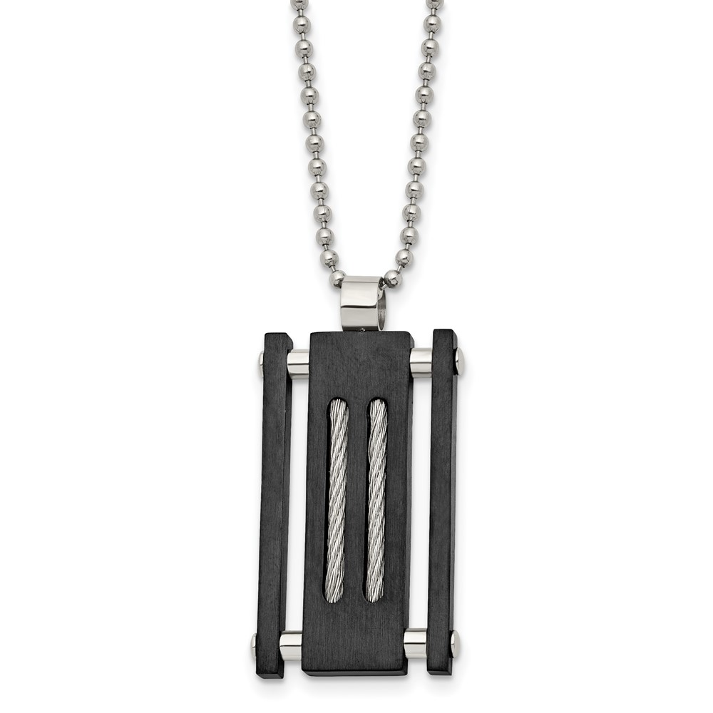 Stainless Steel Brushed & Polished Black IP w/Cable Rectangle Necklace