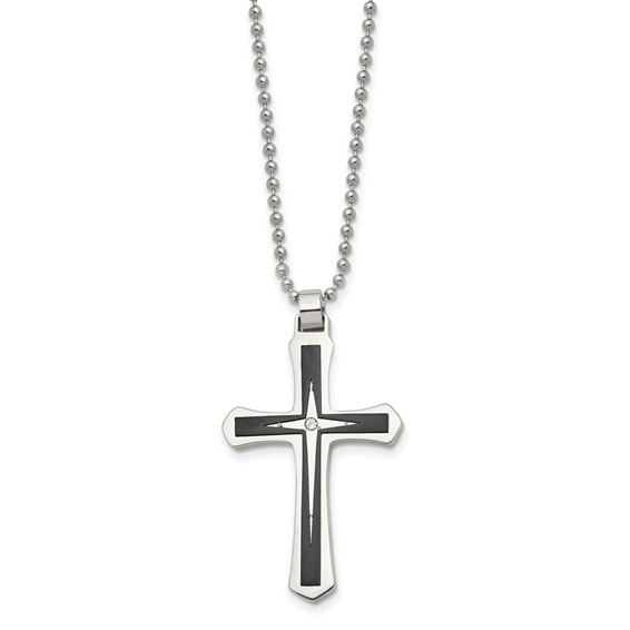 Chisel Stainless Steel Brushed and Polished Black IP-plated with CZ Cross Pendant on a 20 inch Ball Chain Necklace
