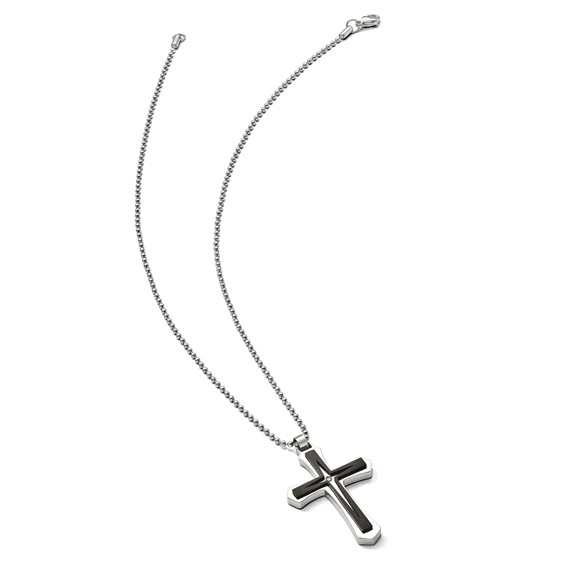 Chisel Stainless Steel Brushed and Polished Black IP-plated with CZ Cross Pendant on a 20 inch Ball Chain Necklace