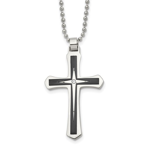 Chisel Stainless Steel Brushed and Polished Black IP-plated Necklace with CZ Cross Pendant on a Ball Chain, 20"