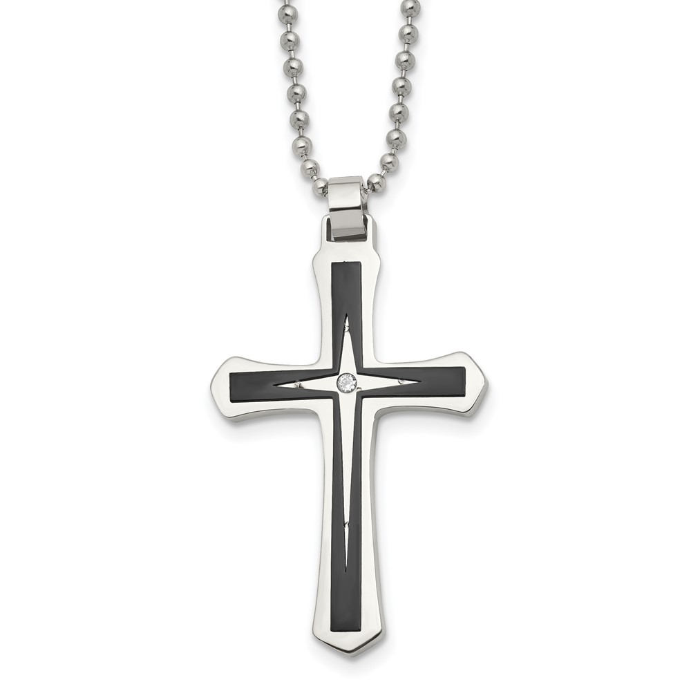 Stainless Steel Brushed and Polished Black IP CZ Cross Necklace