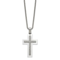 Stainless Steel Polished White Ceramic Necklace with CZ Cross, 23.75" view 3
