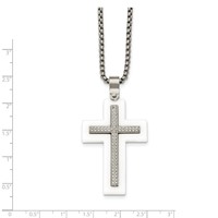 Stainless Steel Polished White Ceramic Necklace with CZ Cross, 23.75" view 4
