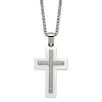Stainless Steel Polished White Ceramic Necklace with CZ Cross, 23.75" view 1