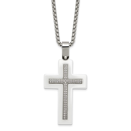Stainless Steel Polished White Ceramic Necklace with CZ Cross, 23.75"