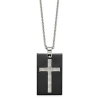 Stainless Steel Polished Black Ceramic Necklace with CZ Cross Dog Tag, 24" view 3