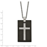Stainless Steel Polished Black Ceramic Necklace with CZ Cross Dog Tag, 24" view 4