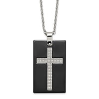 Stainless Steel Polished Black Ceramic Necklace with CZ Cross Dog Tag, 24" view 1