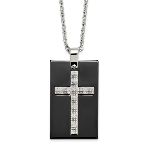 Stainless Steel Polished Black Ceramic Necklace with CZ Cross Dog Tag, 24"