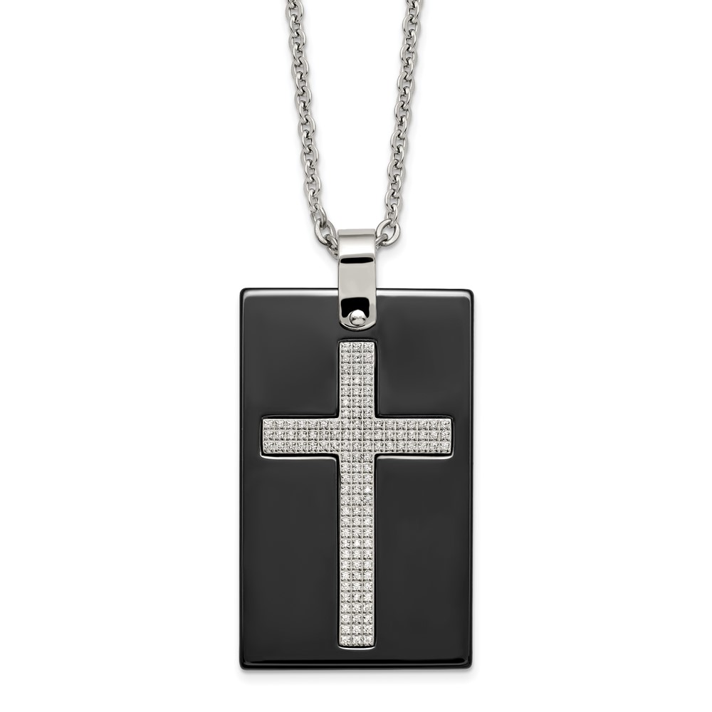 Stainless Steel Polished Black Ceramic w/CZ Cross Dog Tag 24in Necklace