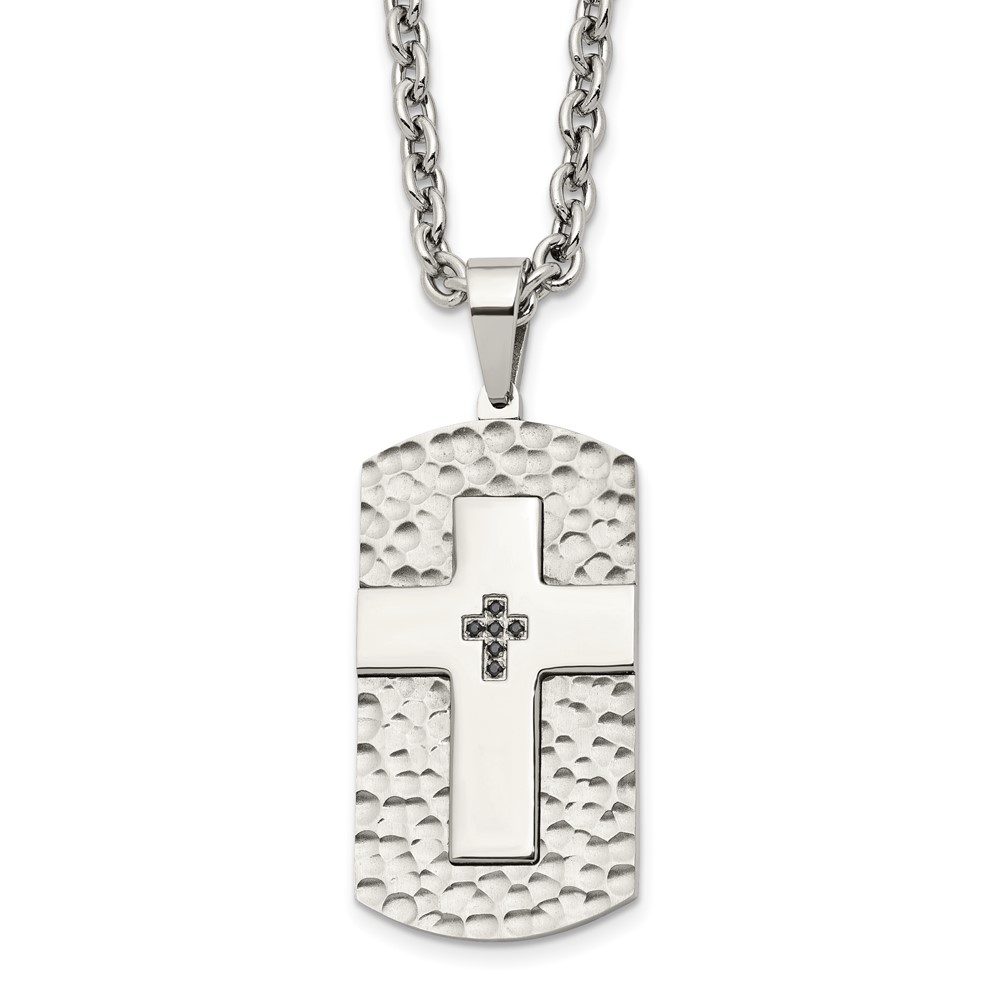 Stainless Steel Polished/Satin Hammered Blk CZ Cross Dogtag Necklace
