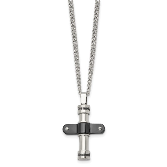 Stainless Steel Polished Black IP-plated w/Black CZ Cross 22in Necklace