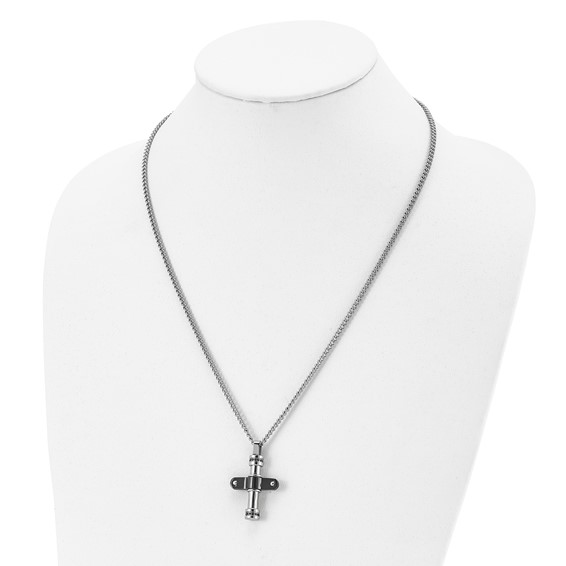 Stainless Steel Polished Black IP-plated w/Black CZ Cross 22in Necklace