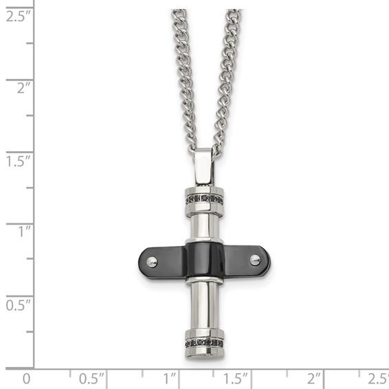 Stainless Steel Polished Black IP-plated w/Black CZ Cross 22in Necklace