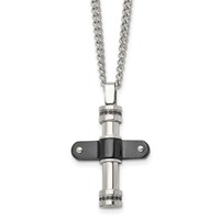 Stainless Steel Polished Black IP-plated Necklace with Black CZ Cross, 22" view 1