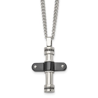 Stainless Steel Polished Black IP-plated w/Black CZ Cross 22in Necklace