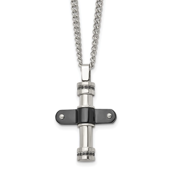 Stainless Steel Polished Black IP-plated w/Black CZ Cross 22in Necklace